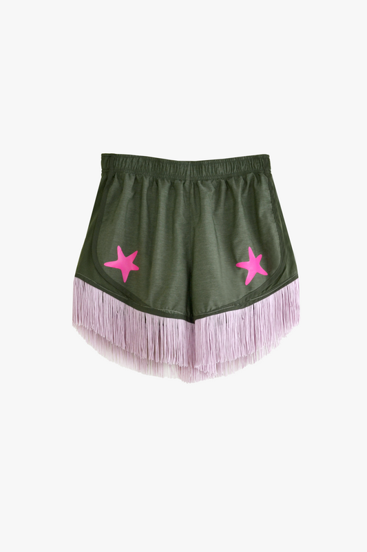 Star Studded Fringe Sport Short in Green